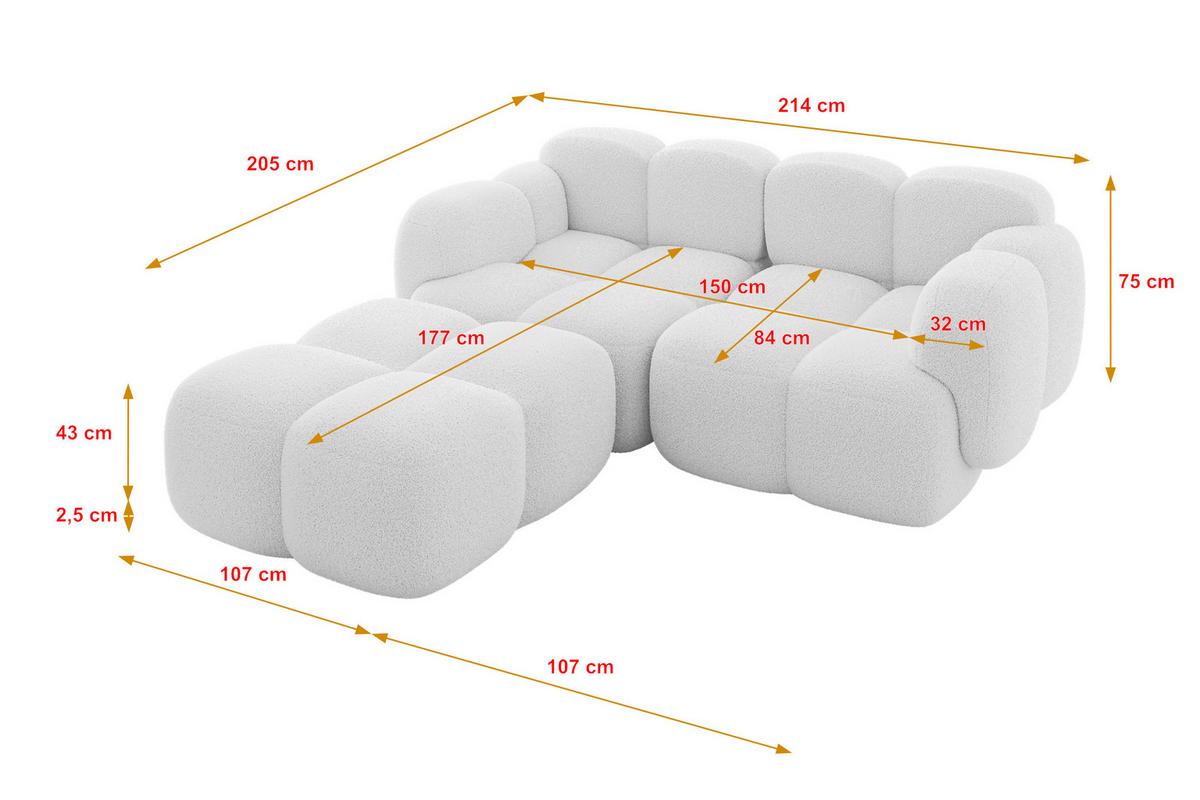 ECKSOFA modulares Sofa Links Miko-L1 214x205x75 Weiß Bouclé - Schwarz/Weiß, Holzwerkstoff/Kunststoff (214/205cm) - ALTDECOR