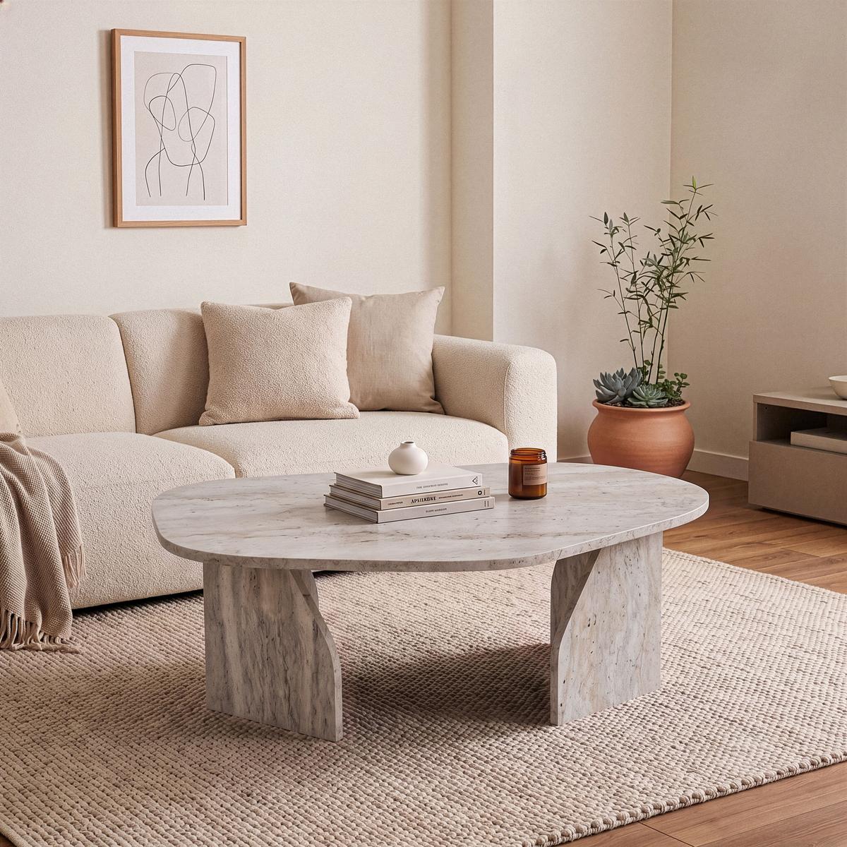 COUCHTISCH mit organisch geformter Tischplatte und breiten Beinen 100/60/35 cm - Beige, Holzwerkstoff (66/60/35cm) - Calicosy