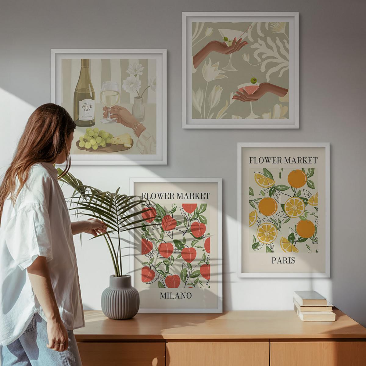BILDER SET 4er Set - 50x50 cm & 40x60 cm Weißer Rahmen - Blumenwein Mailand Paris - Weiß, Kunststoff (50/50cm) - TULUP