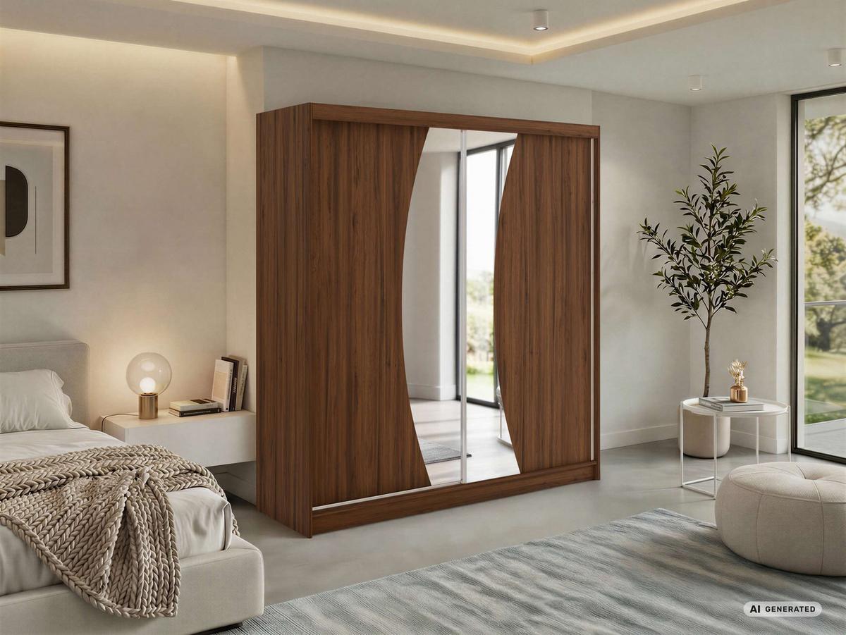 SCHWEBETÜRENSCHRANK 200 - VERONA - Warmia Walnuss mit Spiegel - Walnussfarben/Alufarben, Holzwerkstoff/Metall (200/216/61cm) - MKS