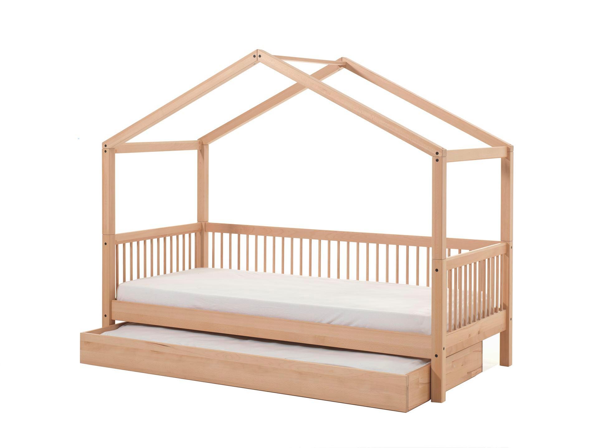 HAUSBETT Kelci 90x200 mit Bettschublade und Dach Buche massiv natur - Buchefarben, Holz (90/200cm) - 58aufmkessel