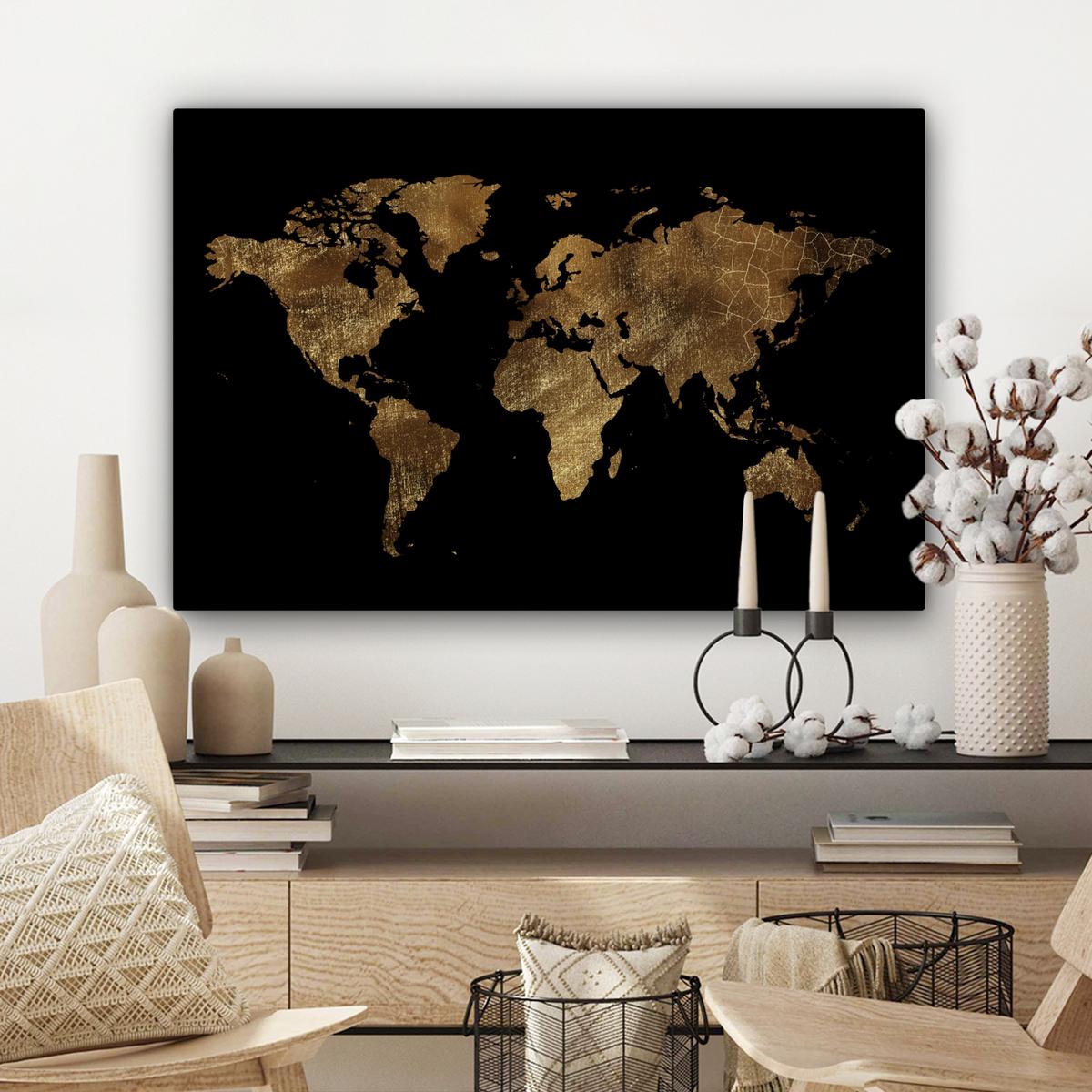 LEINWANDBILD Weltkarte - Gold - Luxus - Erde - Schwarz Gemälde 60x40 cm - Goldfarben, Textil (60/40cm) - MuchoWow