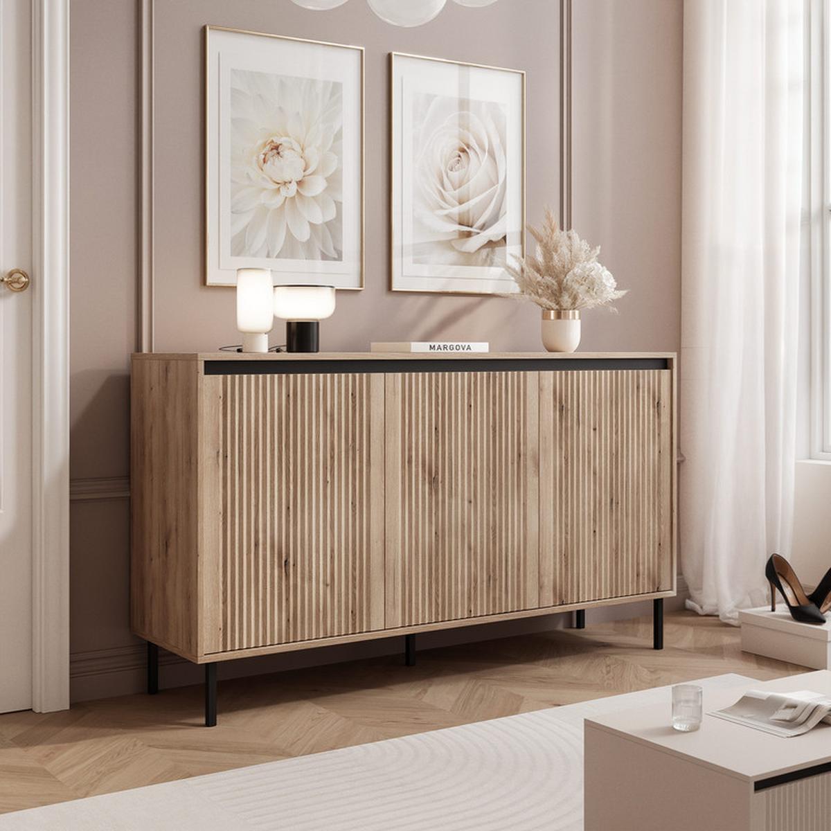 KOMMODE LIRA 149 cm, Evoke-Eiche - Eichefarben/Schwarz, Holzwerkstoff/Metall (149/85/40cm) - Idohome