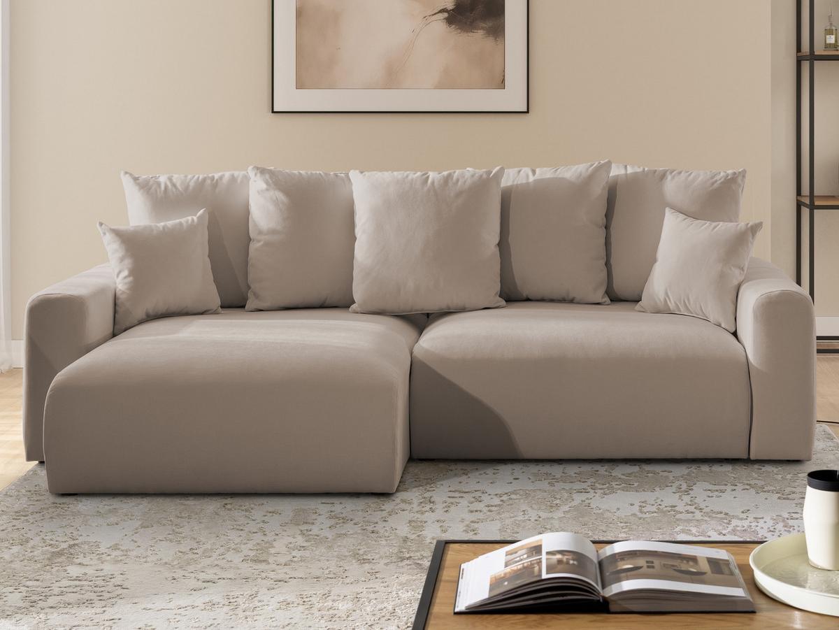 ECKSOFA Calma mit Schlaffunktion und Bettkasten im Bumpy-Design aus weichem Greige Webstoff - Ottomane links - Greige/Schwarz, Holz/Kunststoff (239/140cm) - S-Style