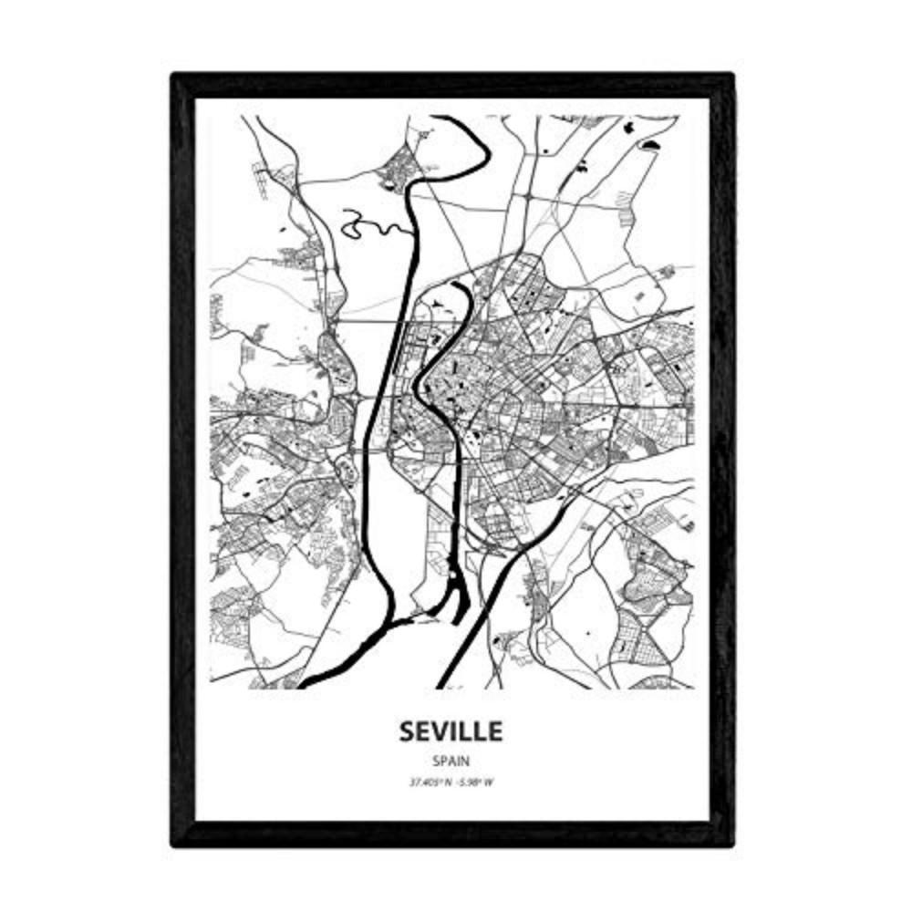 POSTER Karte Von Sevilla - Spanien A3 Schwarzer Rahmen - Schwarz, Papier (29.7/5/42cm) - Nacnic