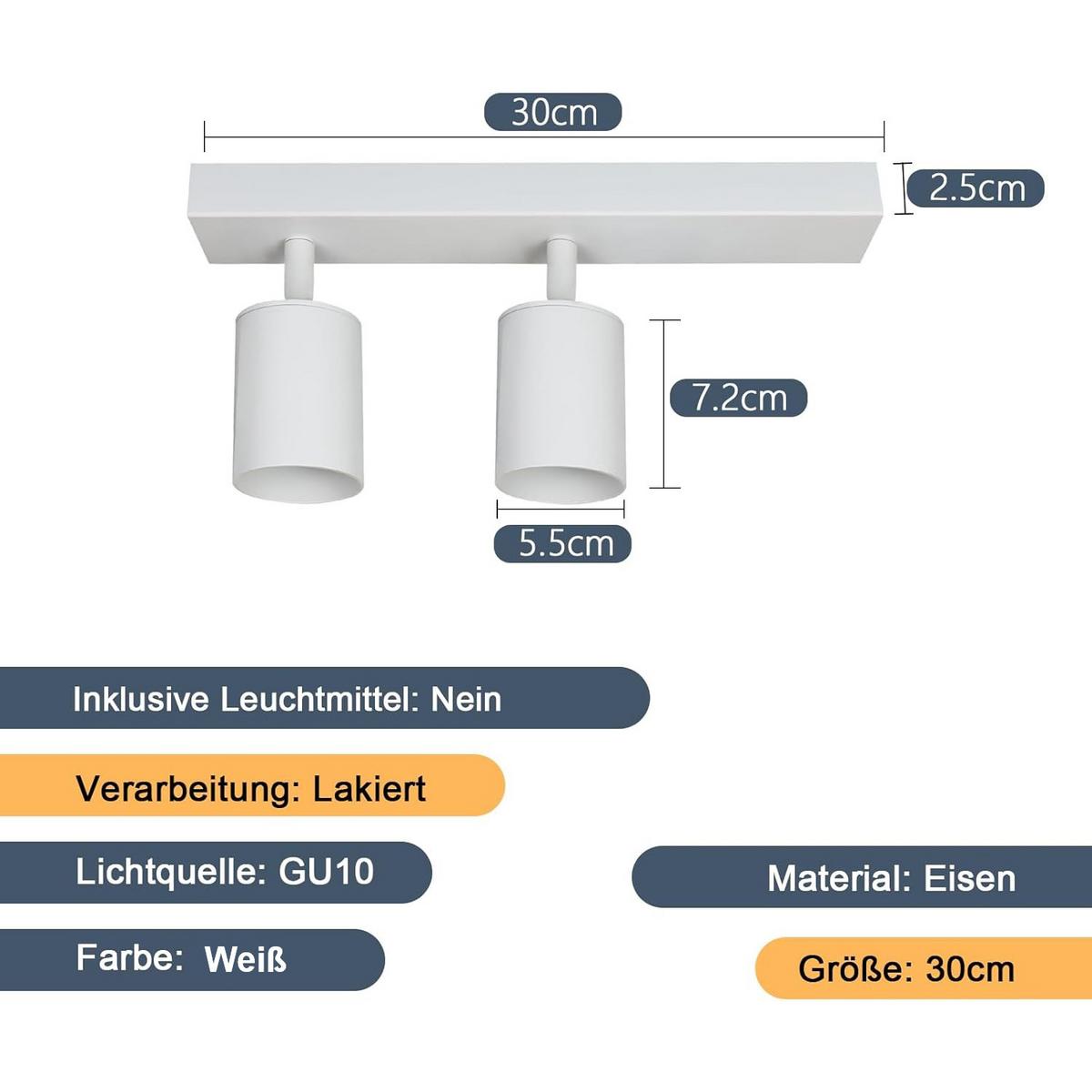 DECKENSTRAHLER Glanz 2-flammig 30/6/10 cm - Weiß, Metall (30/6/10cm) - Nettlife