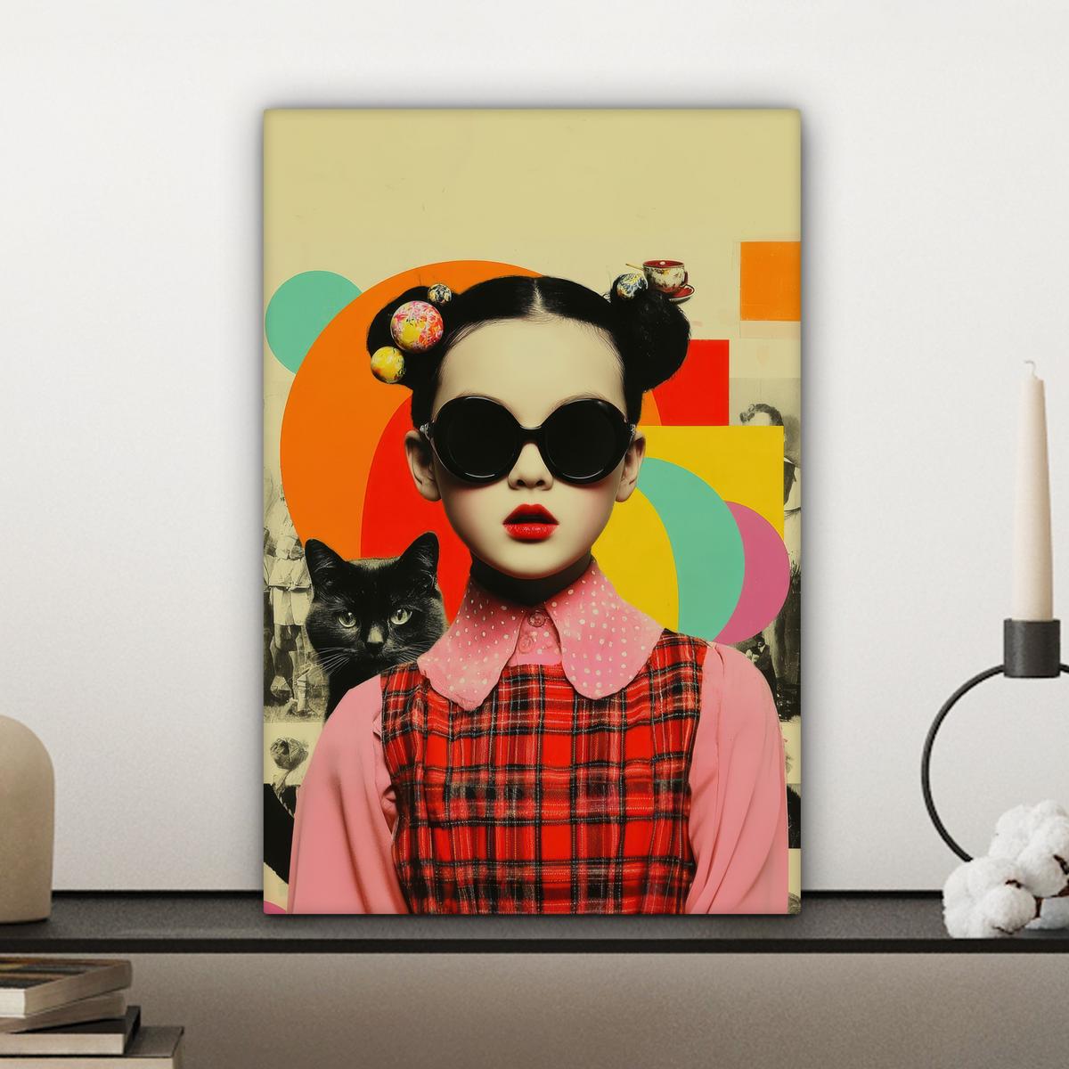 LEINWANDBILD Mädchen - Sonnenbrille - Katze - Retro Deko Wohnzimmer 20x30 cm - Beige, Textil (20/30cm) - MuchoWow