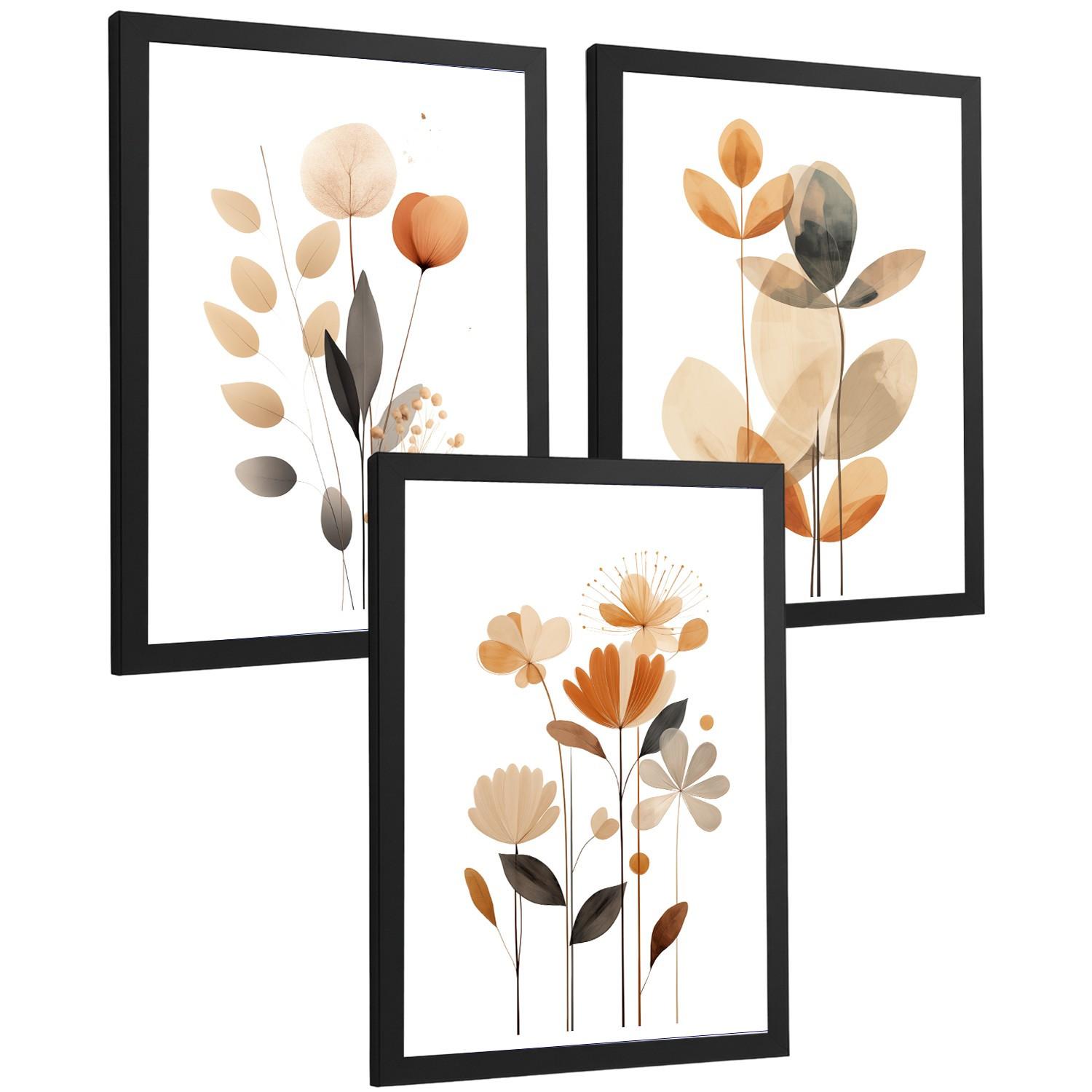POSTER 3er-Set Wandbilder Orange Blumen modern Wohnzimmer Deko, Schlafzimmer, Küche, Badezimmer Schwarzer Rahmen A3 - Schwarz, Papier (29.7/1/42cm) - Nacnic