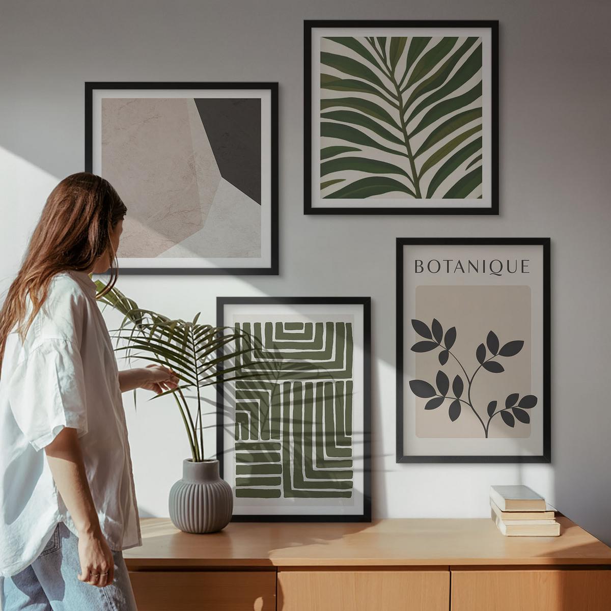 BILDER SET 4er Set - 50x50 cm & 40x60 cm Schwarzer Rahmen - Botanische Boho-Kompositionen - Schwarz, Kunststoff (50/50cm) - TULUP