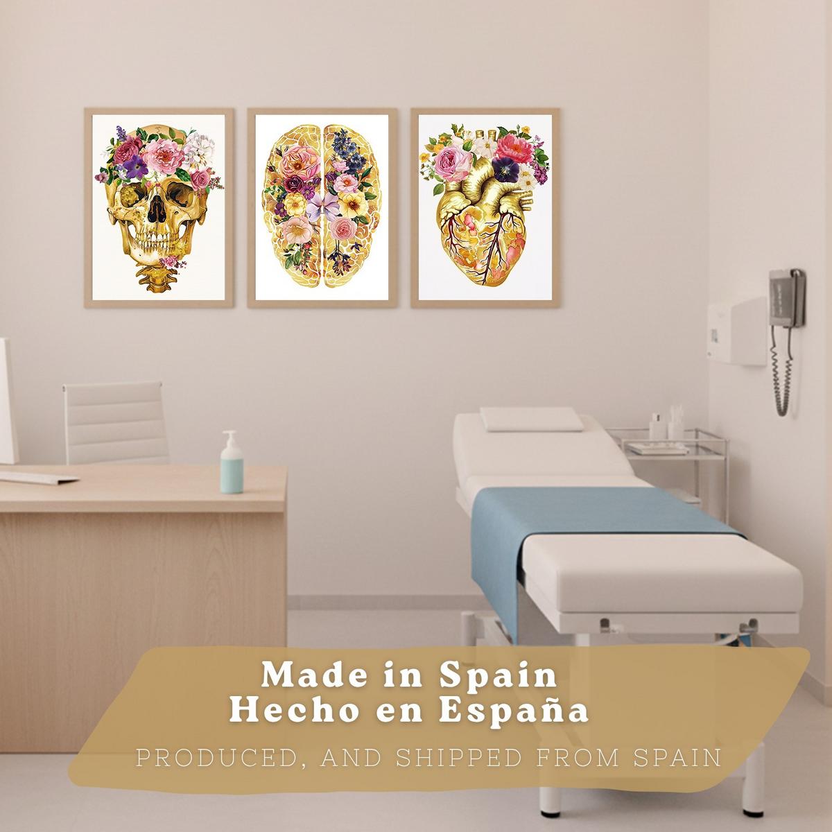 POSTER Set aus 3 Anatomie Mensch Drucke und mit Schädel Gehirn und Herz Goldene Florale Künstlerische Illustration Größe Leichter Holzrahmen A3 - Beige, Papier (29.7/42/3cm) - Nacnic
