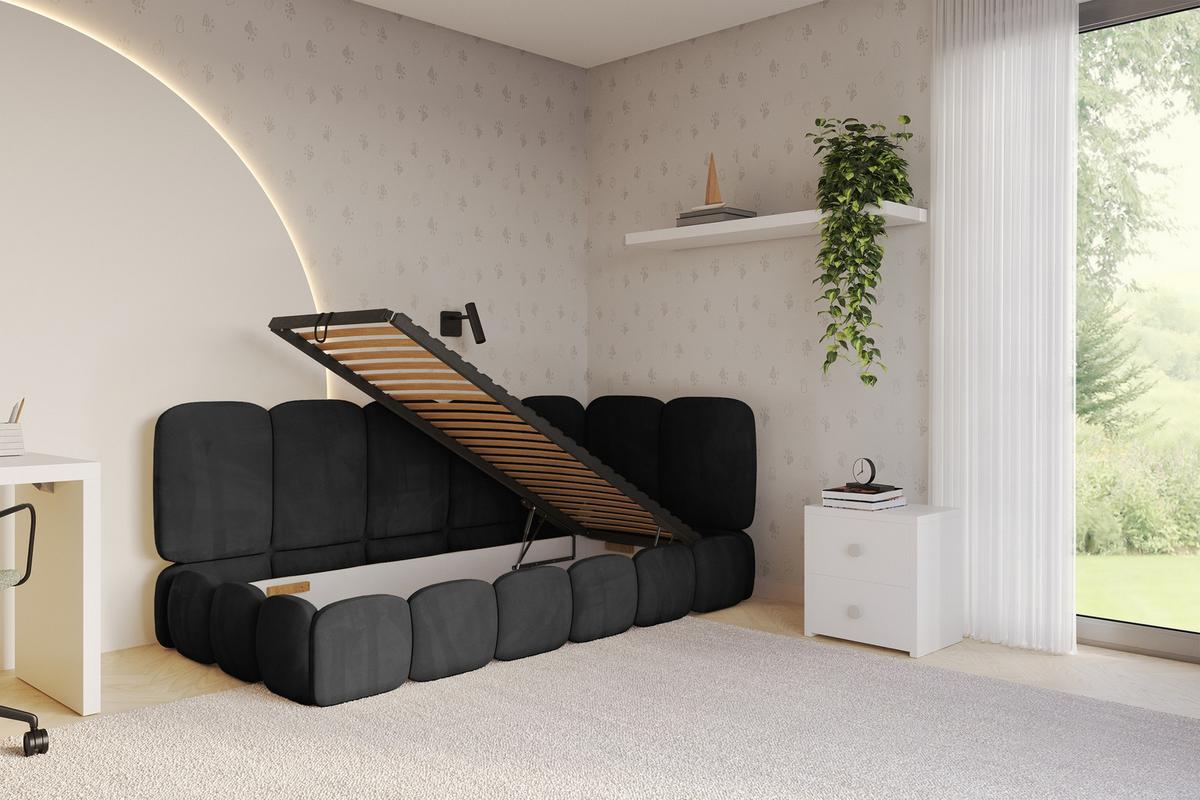 EINZELLBETT Jugendbett mit Bettkasten, Links - AVRY 80x200 Schwarz - Schwarz, Holzwerkstoff/Textil (80/200cm) - ALTDECOR
