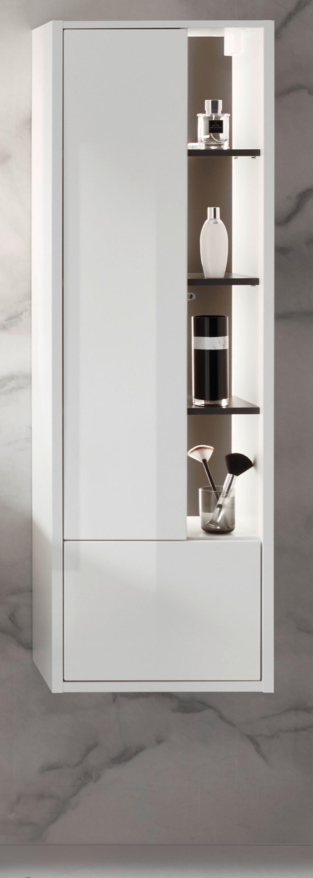 BADSCHRANK weiß Hochglanz, grau, Badezimmer Hochschrank inklusive Beleuchtung - Weiß Hochglanz/Grau, Holzwerkstoff (45/150/30cm) - Furn.Design