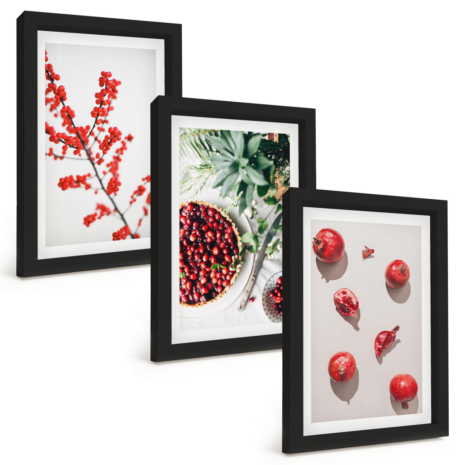BILDER SET 3er Set - 20x30 cm Schwarzer Rahmen - Minimalismus der roten Früchte von Pflanzen - Schwarz, Kunststoff (20/30cm) - TULUP