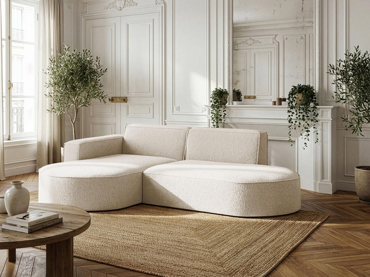 ECKSOFA Hana L-Form 3-Sitzer Ecke Links, Boucle, Creme 241/73/168 cm - Creme/Schwarz, Textil/Metall (241/168cm) - WFL GROUP