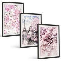 BILDER SET 3er Set - 40x60 cm Schwarzer Rahmen - Blumenlandschaft in Rosatönen - Schwarz, Kunststoff (40/60cm) - TULUP