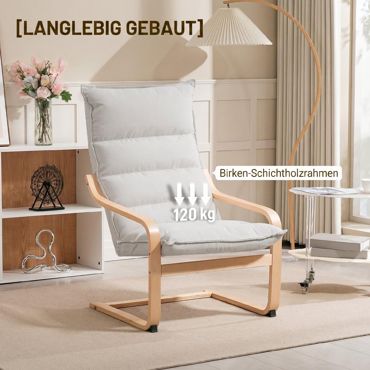 RELAXSESSEL Polyester Cremeweiß - Creme, Holz/Birkenholz (67/105/83cm) - HOMCOM