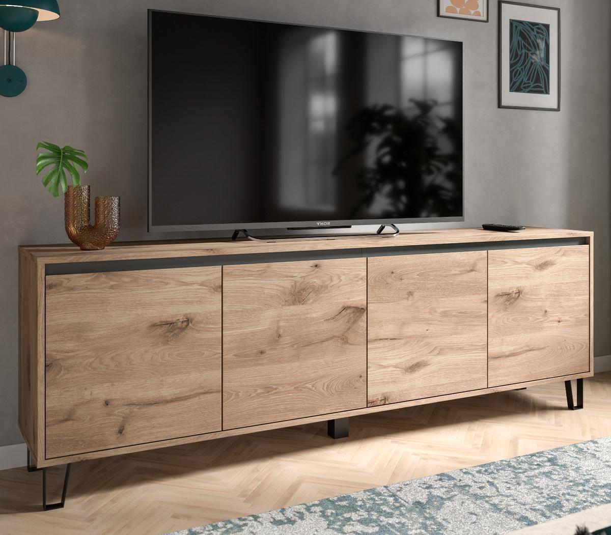 TV-LOWBOARD Eiche Viking 184 cm, Flat-TV Unterschrank mit Komforthöhe und Soft-Close - Eichefarben/Schwarz, Holz/Holzwerkstoff (184/64/40cm) - Inn.Furn