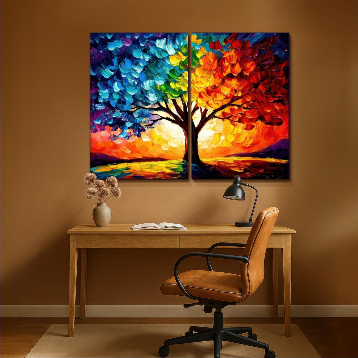 LEINWANDBILD 2er Set Baum - Farbenfroh - Malerei-Look - Abstrakt 160x120 cm - Multicolor, Textil (160/120cm) - MuchoWow