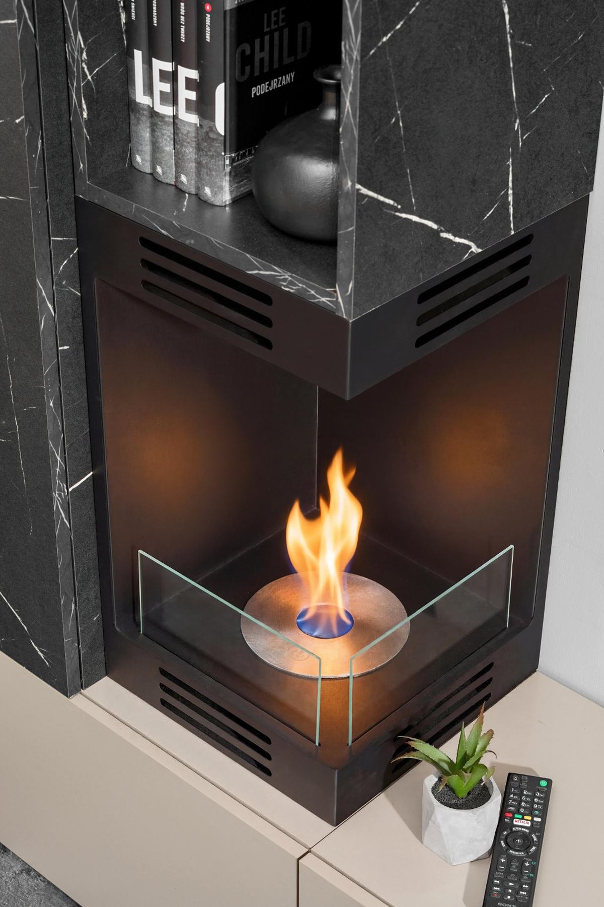 WOHNWAND Marmor schwarz, Lehm-Grau 270 cm, Schrankwand mit Ethanol Kamin, Push-to-Open - Schwarz/Grau, Holzwerkstoff (270/158/38cm) - Inn.Furn