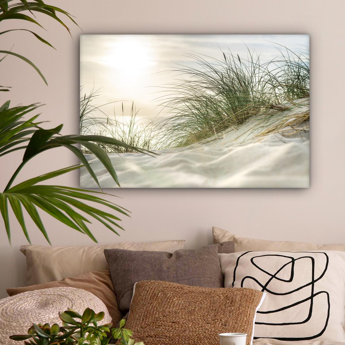 LEINWANDBILD Dünen mit Strandhafer in der Sonne des Nationalparks Schleswig-Holsteinisches Wattenmeer Wanddeko 90x60 cm - Creme, Textil (90/60cm) - MuchoWow