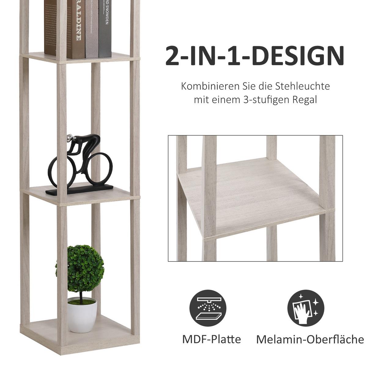 STEHLEUCHTE Beleuchtung mit 3 Regalen E27 bis 40W E1-MDF Eiche+Weiß - Eichefarben, Textil (26/26/160cm) - HOMCOM
