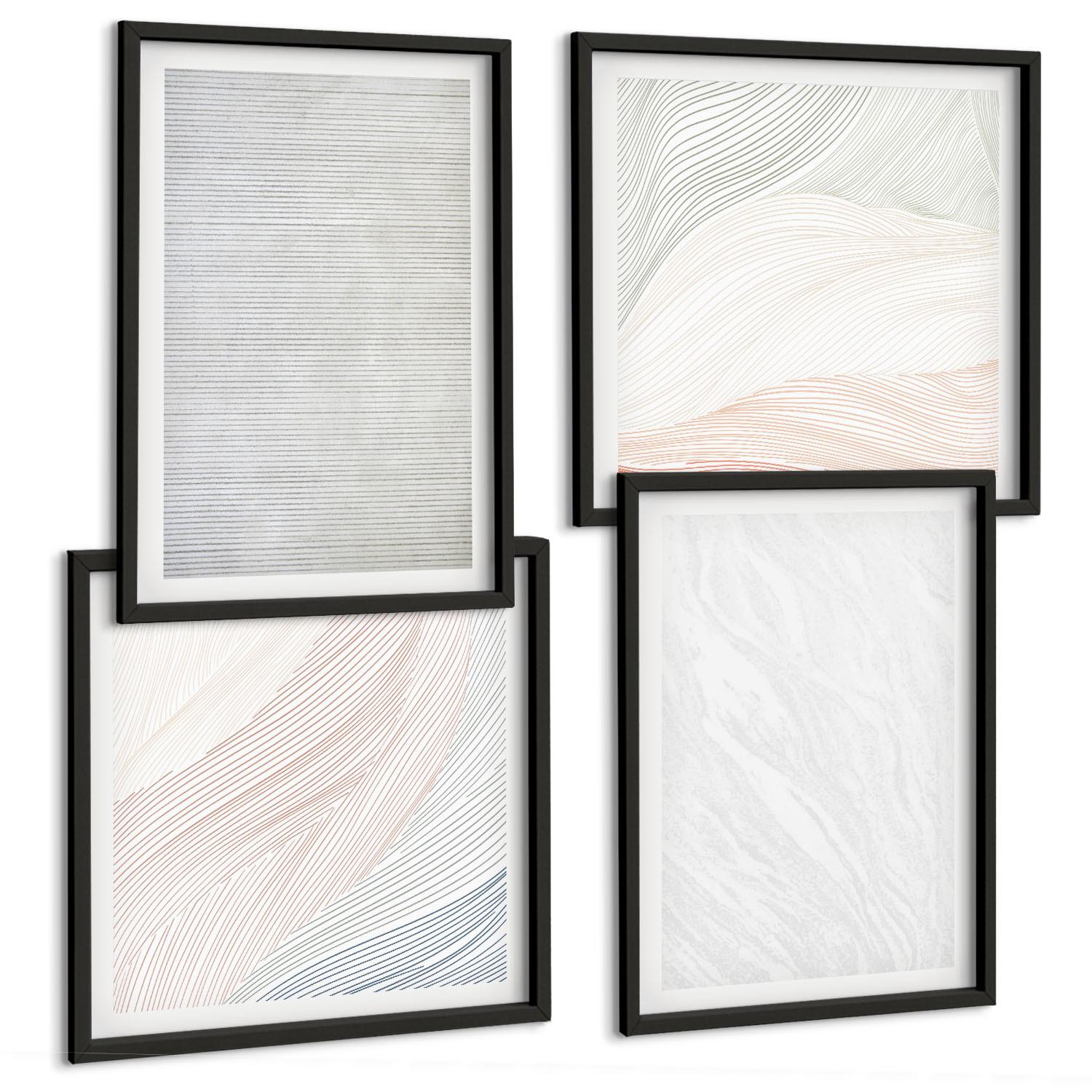 BILDER SET 4er Set - 50x50 cm & 40x60 cm Schwarzer Rahmen - Leuchtende Strukturen, Sandmuster - Schwarz, Kunststoff (50/50cm) - TULUP