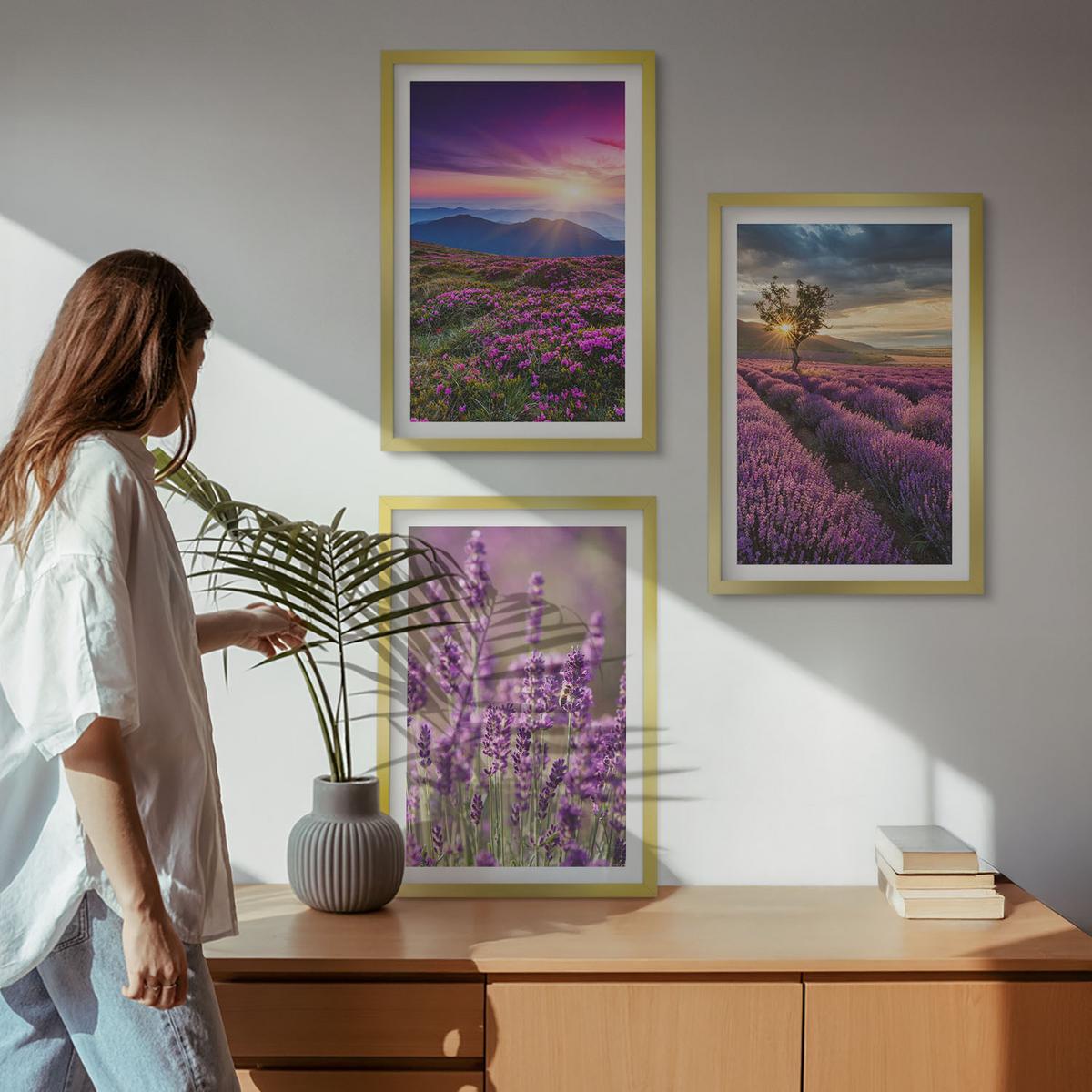 BILDER SET 3er Set - 40x60 cm Goldrahmen - Sonnenuntergang auf Lavendelfeldern - Goldfarben, Kunststoff (40/60cm) - TULUP