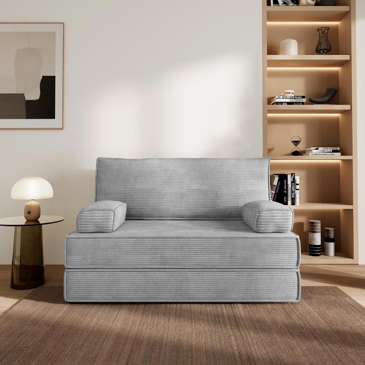 BETTSOFA LADIA aus Schaumstoff Kordstoff Hellgrau Schlaffunktion - Hellgrau, Textil (140/86/60cm) - MASSENO