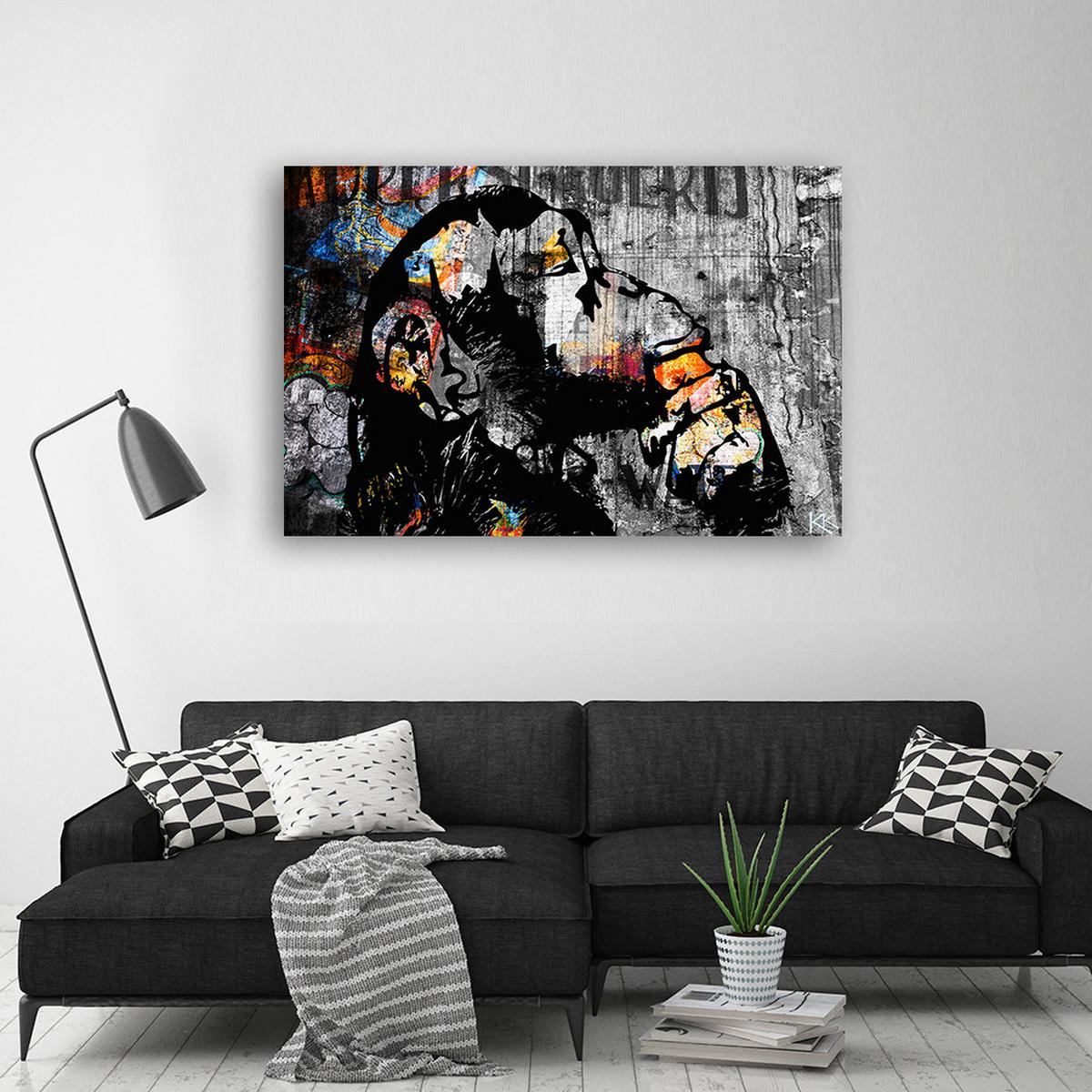 LEINWANDBILD Street Art Banksy Monkey Abstrakt 60x40cm - Multicolor, Textil (60/40cm) - Feeby