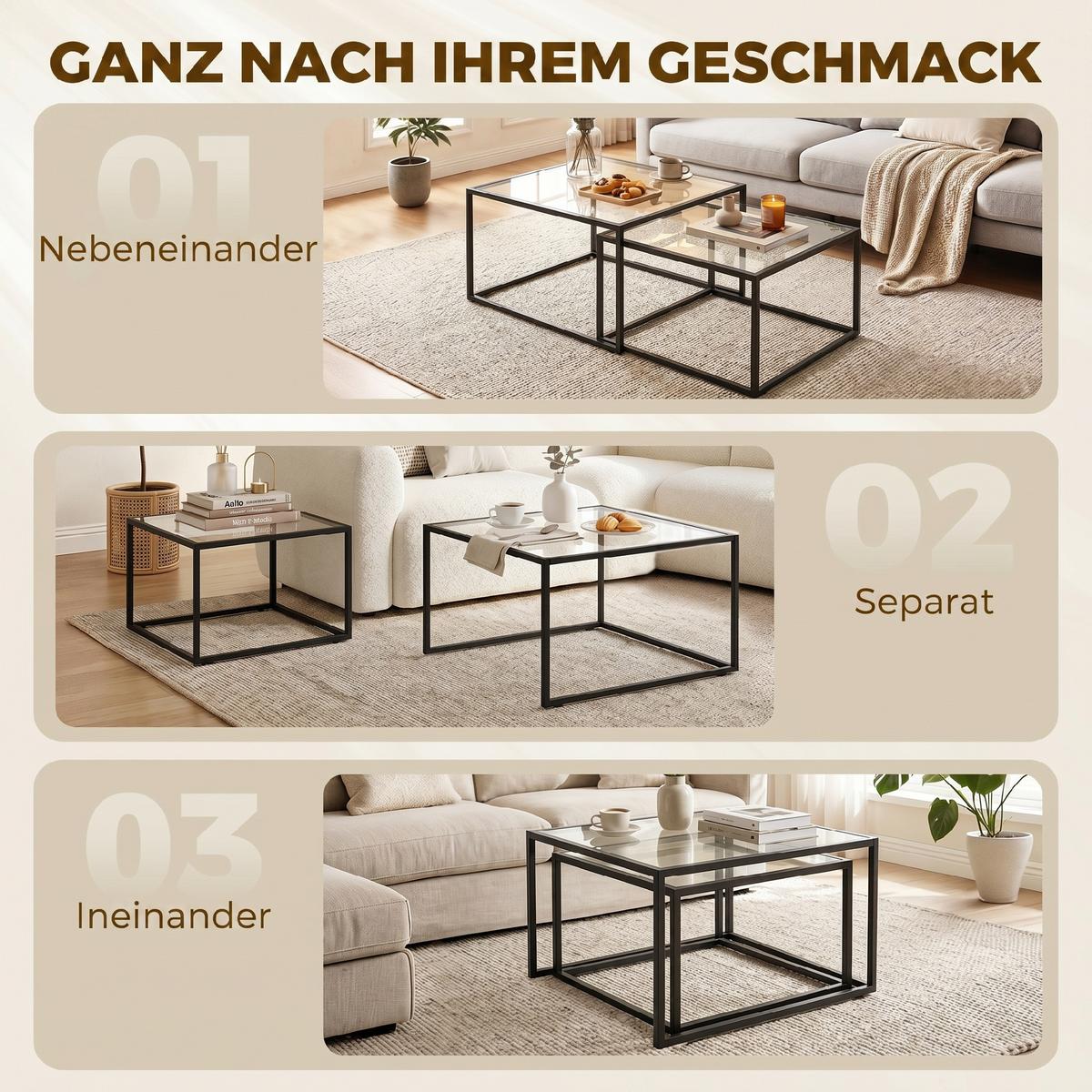 COUCHTISCHE 2er Set Gehärtetes Glas Metall Schwarz - Schwarz, Glas/Metall (75/75/42cm) - HOMCOM