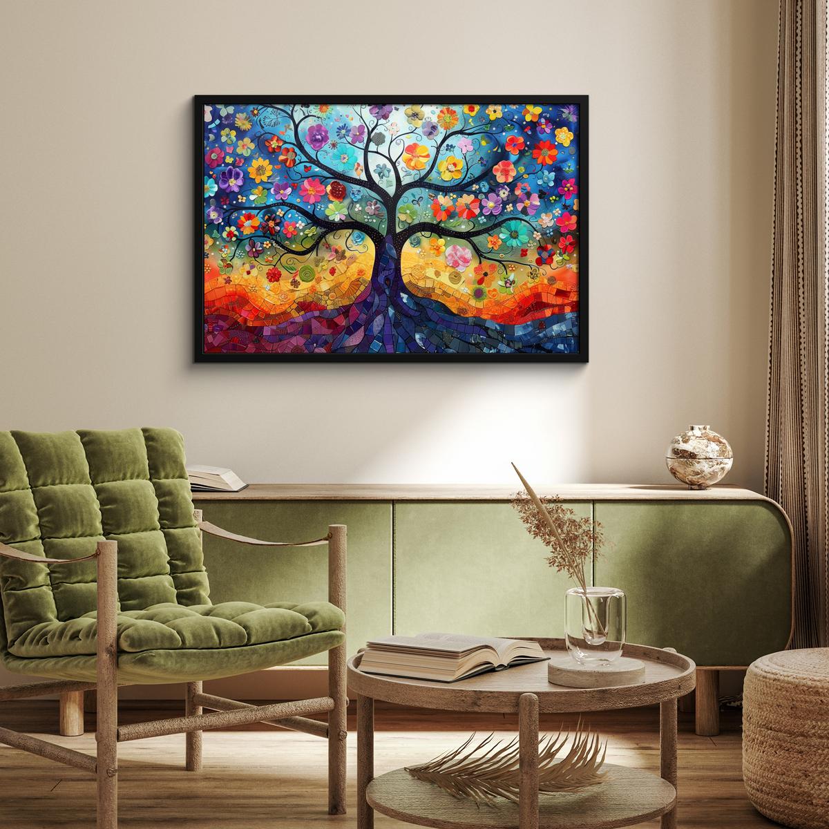 POSTER MIT RAHMENGERAHMTES BILD Kunst - Baum des Lebens - Blumen - Hippie 90x60 cm - Dunkelblau, Papier (90/60cm) - MuchoWow