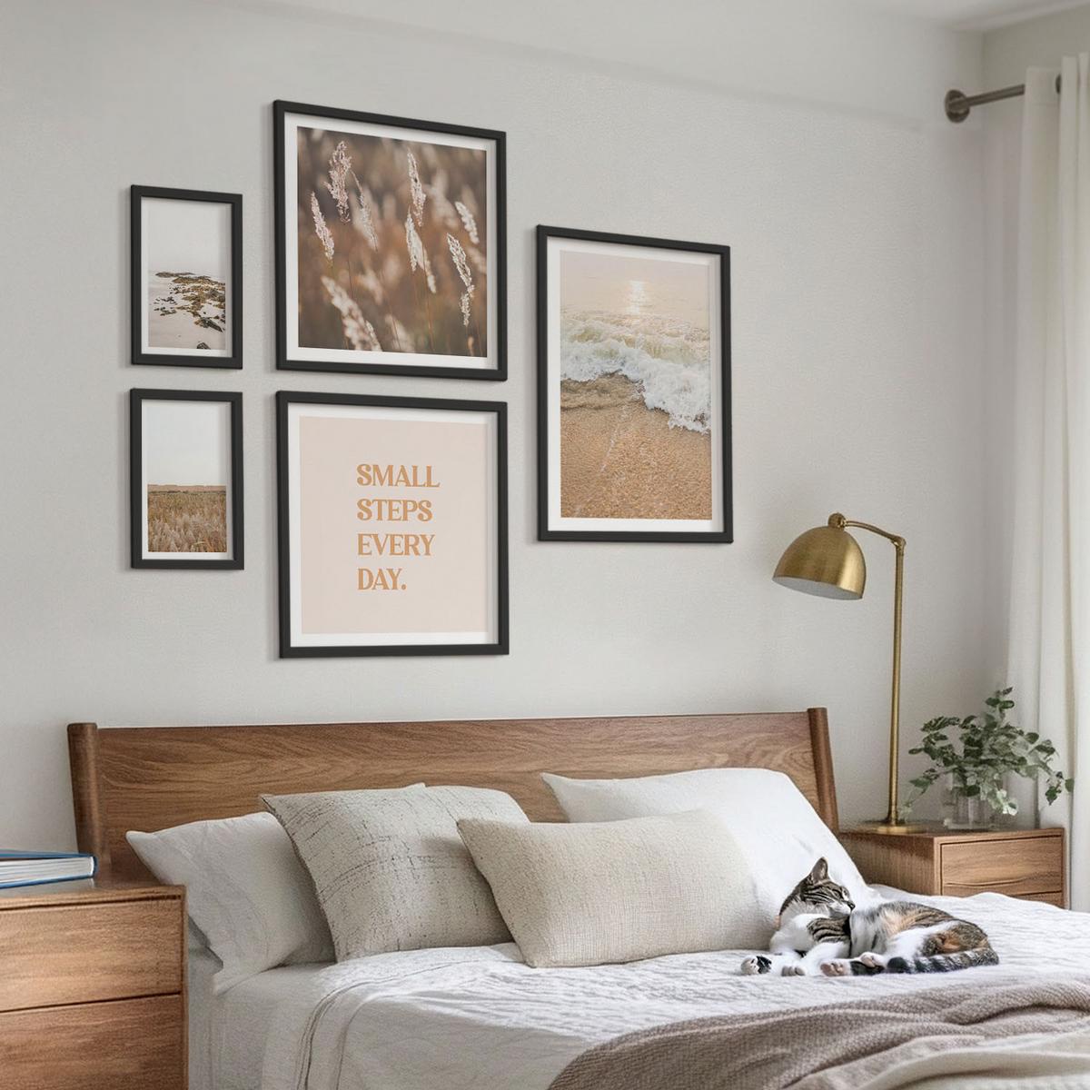 BILDER SET 5er Set - 50x50 cm & 20x30 cm & 40x60 cm Schwarzer Rahmen - Strandwellen, Steine, Sommer - Schwarz, Kunststoff (40/60cm) - TULUP