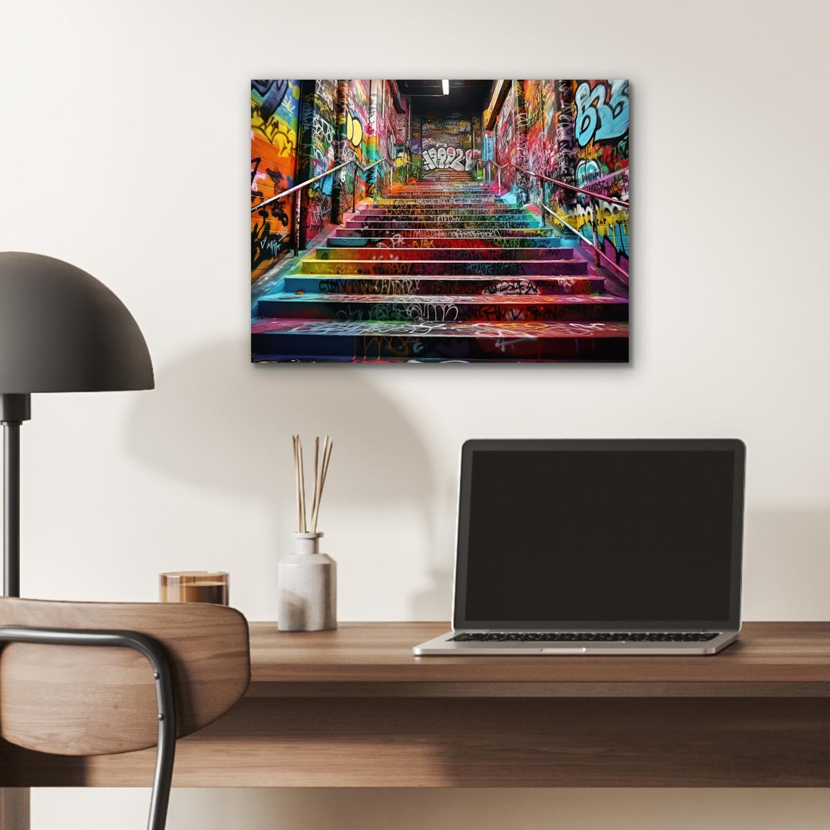 METALLBILD Treppe - Graffiti - Farben - Kunst 40x30 cm - Multicolor, Metall (40/30cm) - MuchoWow