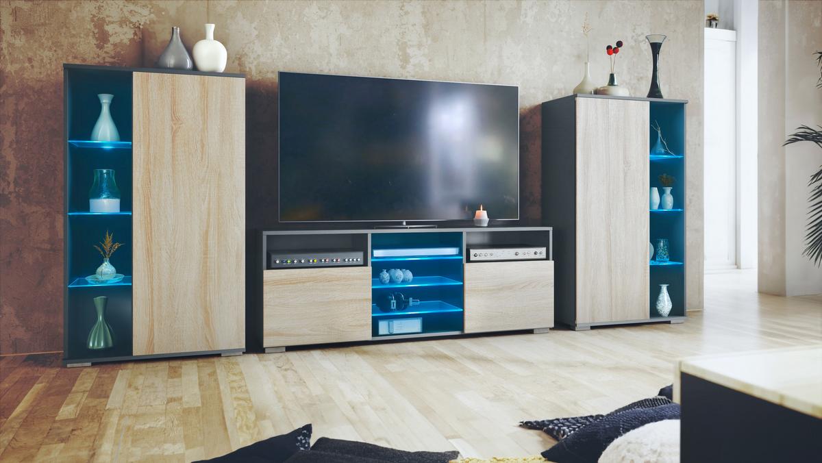 WOHNWAND Davos Eiche sägerau - Eiche San Remo, Holzwerkstoff (329/134/35cm) - Vladon