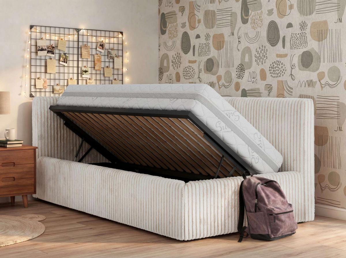 POLSTERBETT TILVO 90/200 - Beige Cord - Multitaschenfederkernmatratze - Links - Beige, Textil (90/200cm) - MKS
