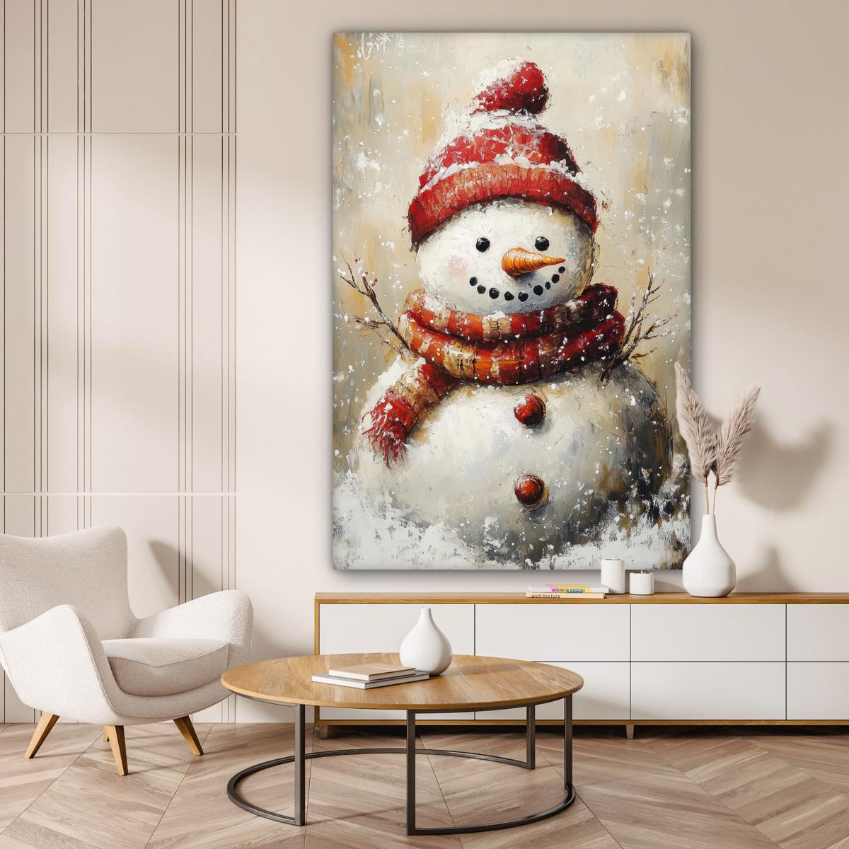 LEINWANDBILD Schneemann - Winter - Schnee - Beige Deko Groß 90x140 cm - Weiß, Textil (90/140cm) - MuchoWow