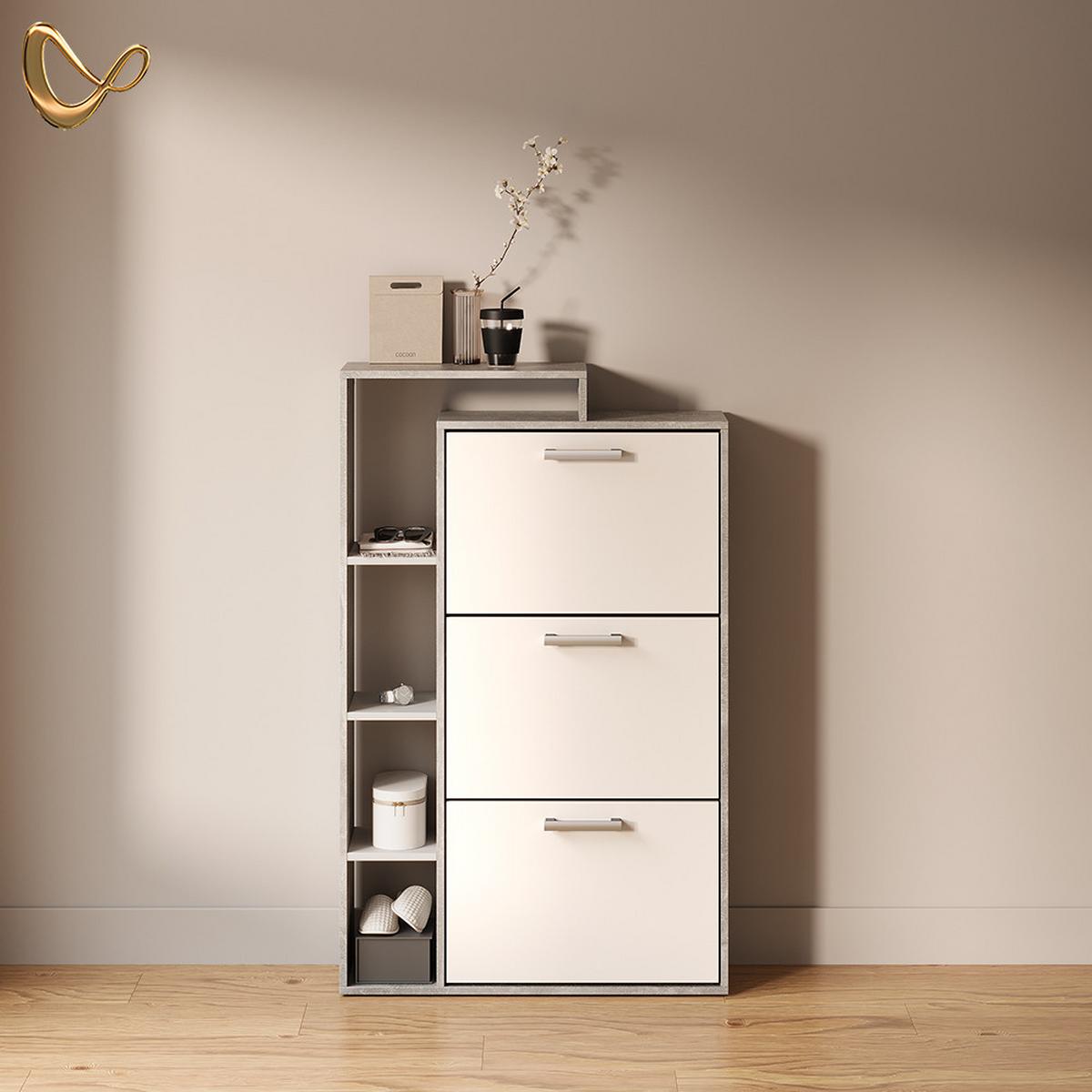 SCHUHKIPPER Ortello Weiß/Beton 80 x 128.3 cm mit 3 Fächern - Weiß/Grau, Holzwerkstoff (80/128.3/24.2cm) - Livinity®