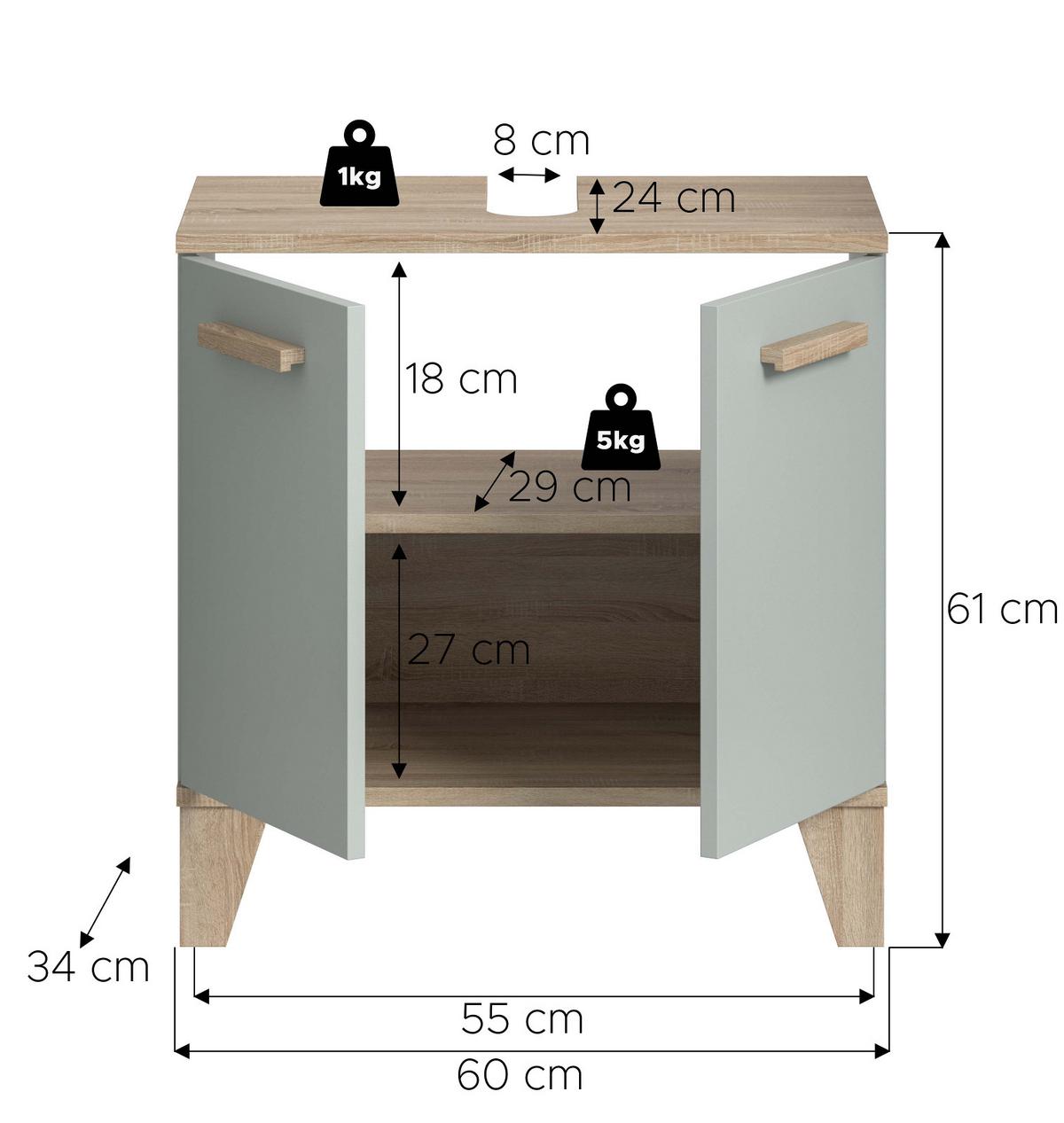 WASCHBECKENUNTERSCHRANK grün, Eiche, Badezimmer Unterschrank skandinavisch 60 cm - Eichefarben/Grün, Holzwerkstoff (60/61/34cm) - Inn.Furn