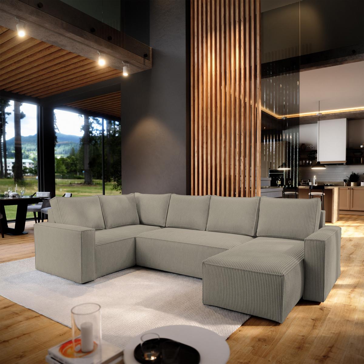 WOHNLANDSCHAFT NORENA L-S Beige Kordstoff mit Schlaffunktion - Beige, Holz (295/85/157.5cm) - MASSENO