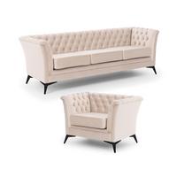 SITZGARNITUR 3+1 Chesterfield Whitby Beige Samt mit schwarzen Füßen - Beige/Schwarz, Holz/Textil (237/78/82cm) - S-Style Möbel
