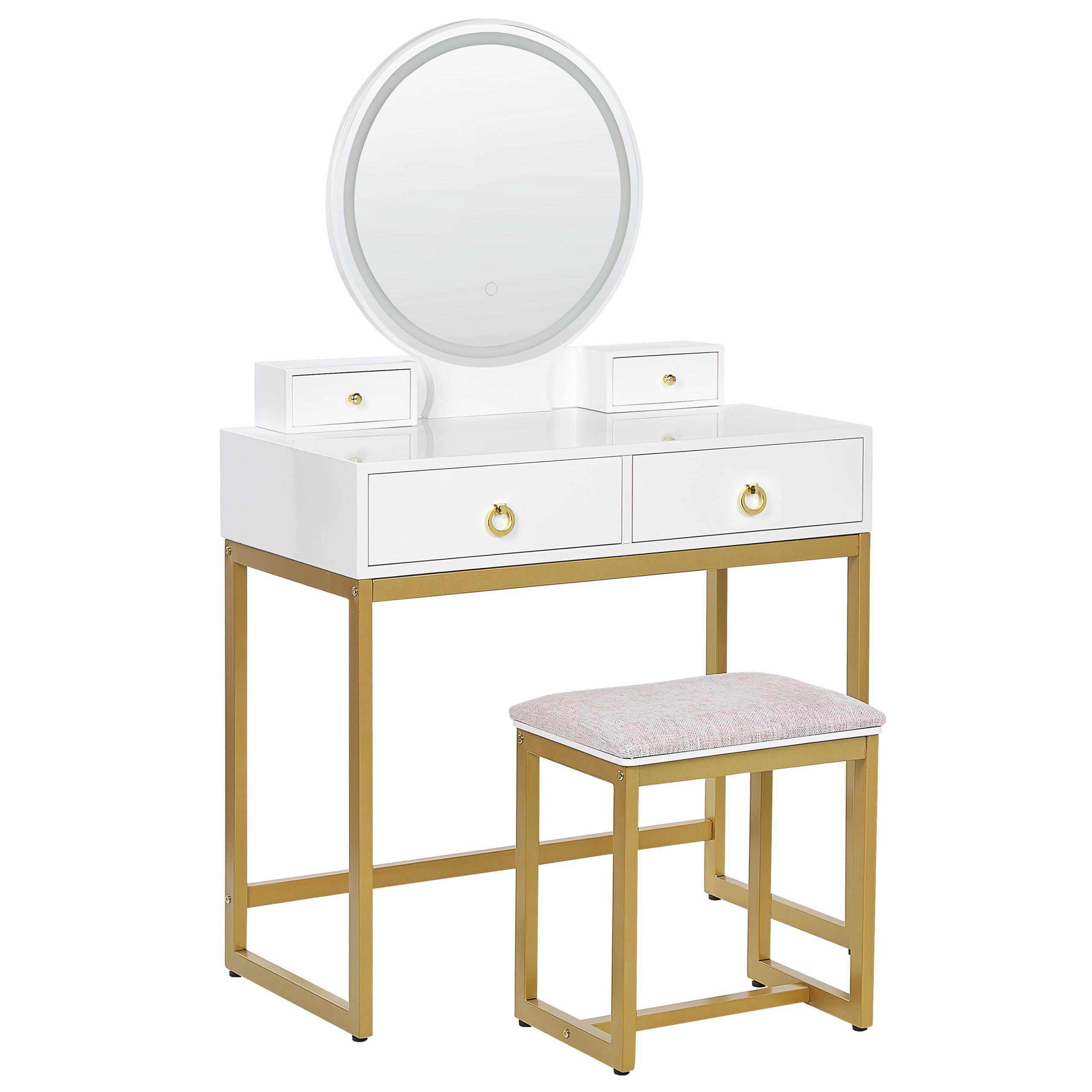 SCHMINKTISCH mit rundem LED-Spiegel Hocker 4 Schubladen weiß/gold Auxon - Beige/Goldfarben, Holzwerkstoff (80/132/40cm) - Beliani