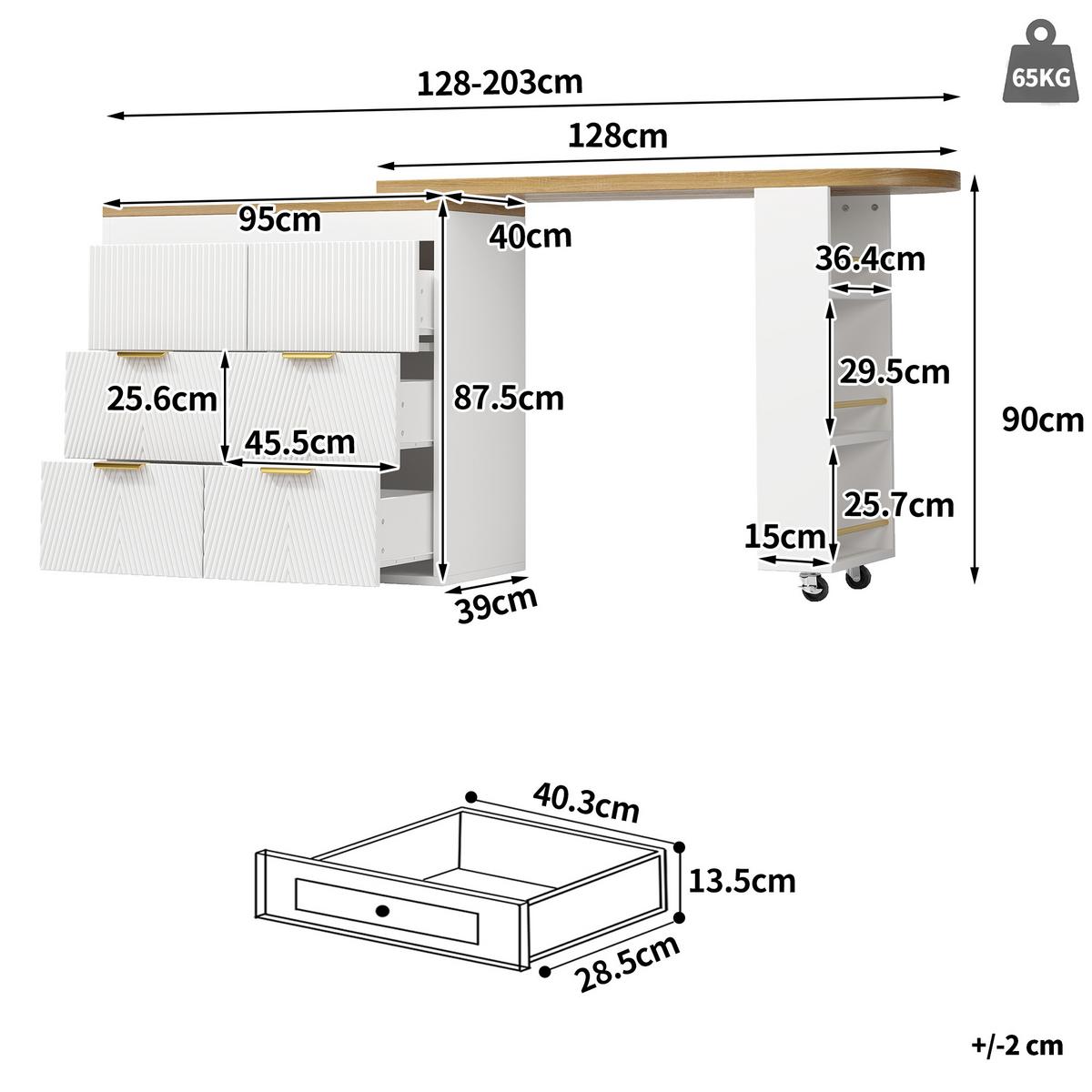 BARTISCH mit küchenbuffet 360° drehbar & 6 schubladen - Weiß, Holzwerkstoff (39/203/90cm) - Urban Meuble