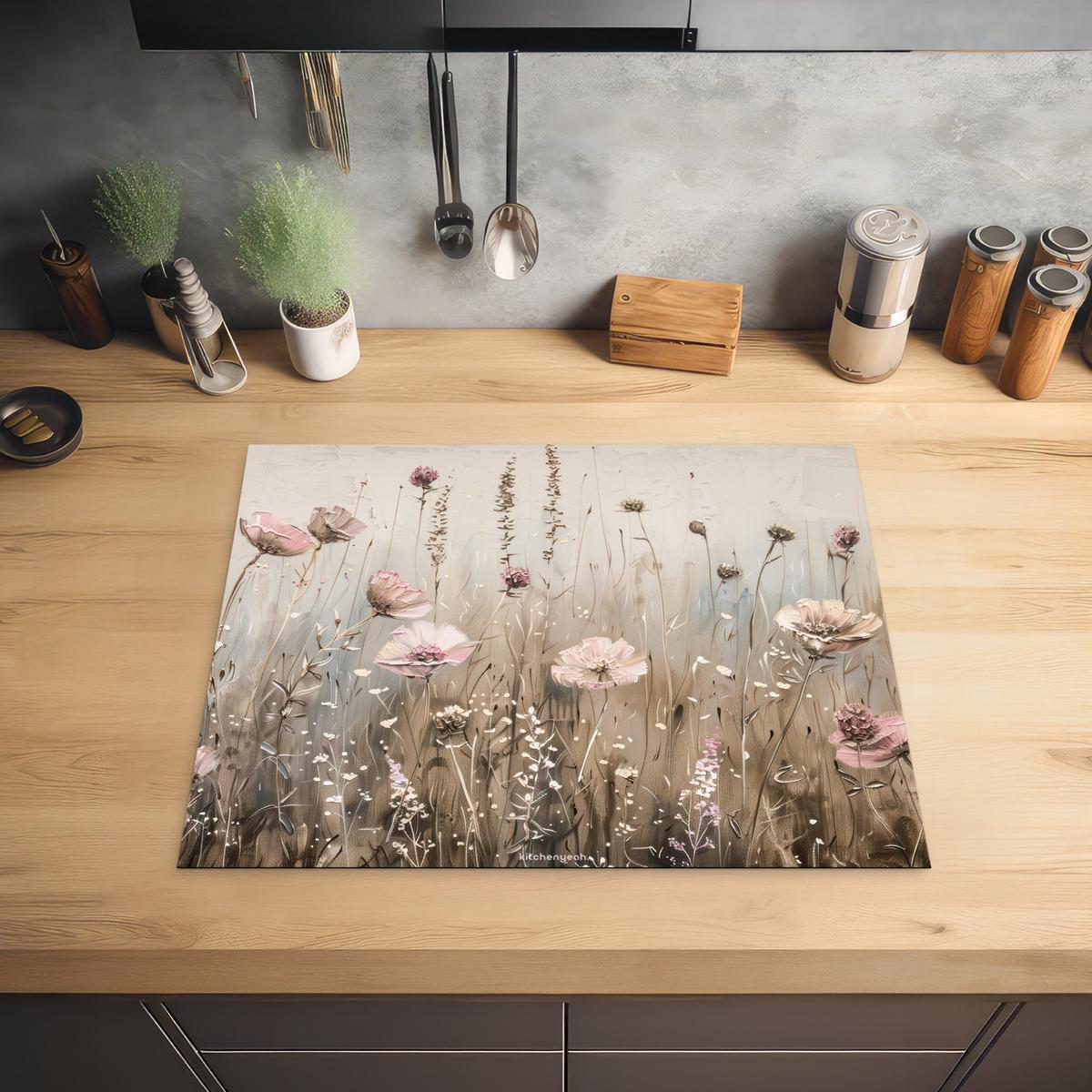 HERDABDECKPLATTE Blumen - Beige - Trockenblumen Herdabdeckung Induktionsfeld 65x52 cm - Beige, Kunststoff (65/52/0.2cm) - MuchoWow