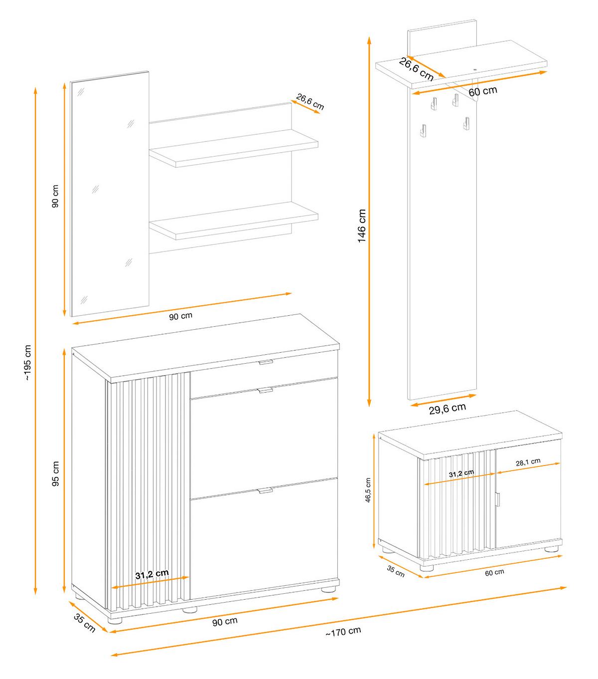 GARDEROBE Set Eiche Jackson, schwarz 170 cm, Garderobenkombination mit 3D-Lamellen - Eichefarben/Schwarz, Holzwerkstoff/Kunststoff (160/202/35cm) - Furn.Design