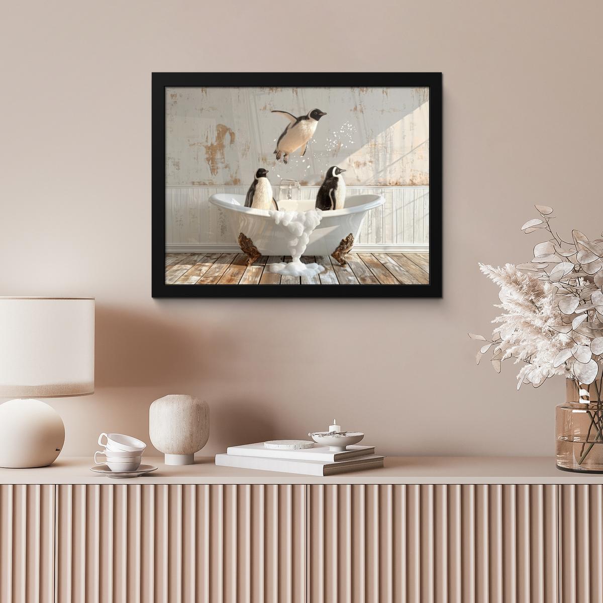 POSTER MIT RAHMENGERAHMTES BILD Vintage - Pinguin - Badewanne - Schaumstoff 40x30 cm - Schwarz, Papier (40/30cm) - MuchoWow