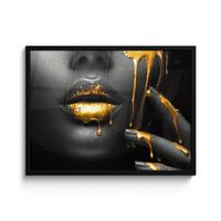 POSTER MIT RAHMENGERAHMTES BILD Frau - Schwarz - Gold - Gesicht - Lippen 80x60 cm - Goldfarben, Papier (80/60cm) - MuchoWow