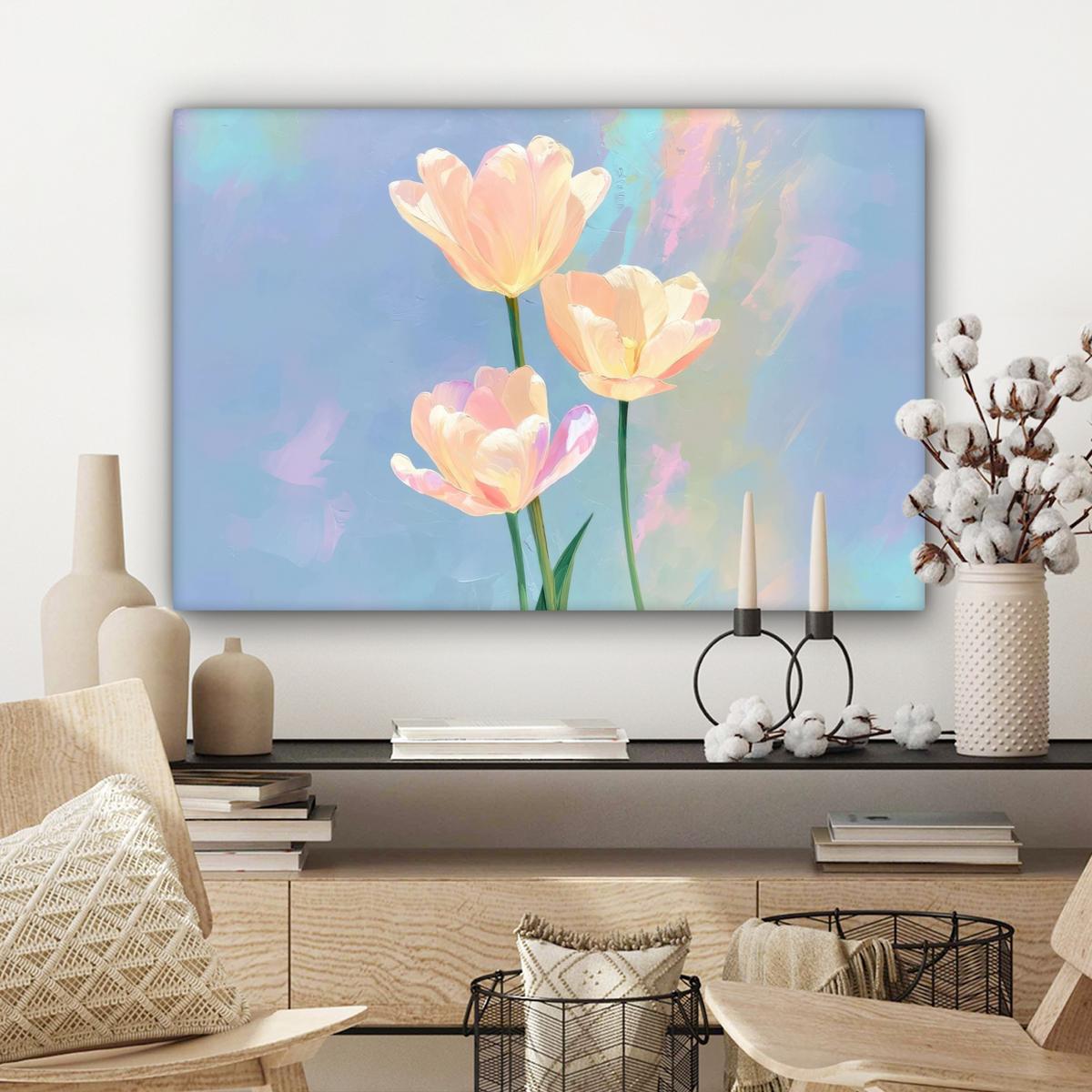 LEINWANDBILD Tulpen - Rosa Akzente - Blau Wanddeko 90x60 cm - Pastellblau, Textil (90/60cm) - MuchoWow