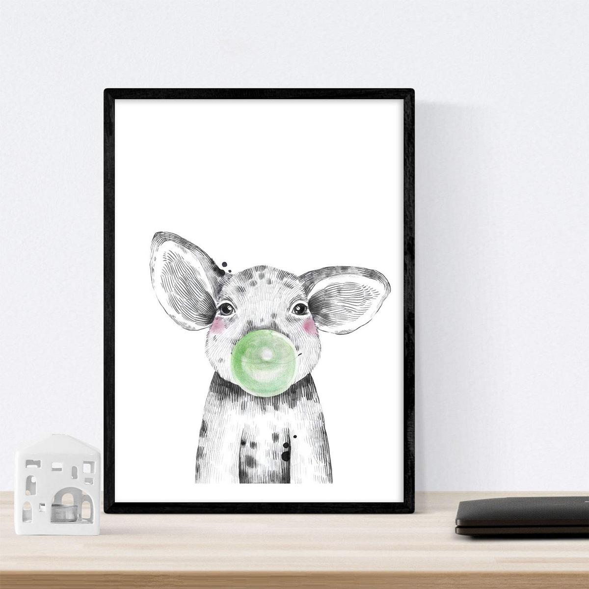 POSTER Set Mit 6 Tiere Babys Mit Kaugummi Elefant Schweinefleischkaninchen Kuh Fuchshund A4 Schwarzer Rahmen - Schwarz, Papier (29/3cm) - Nacnic
