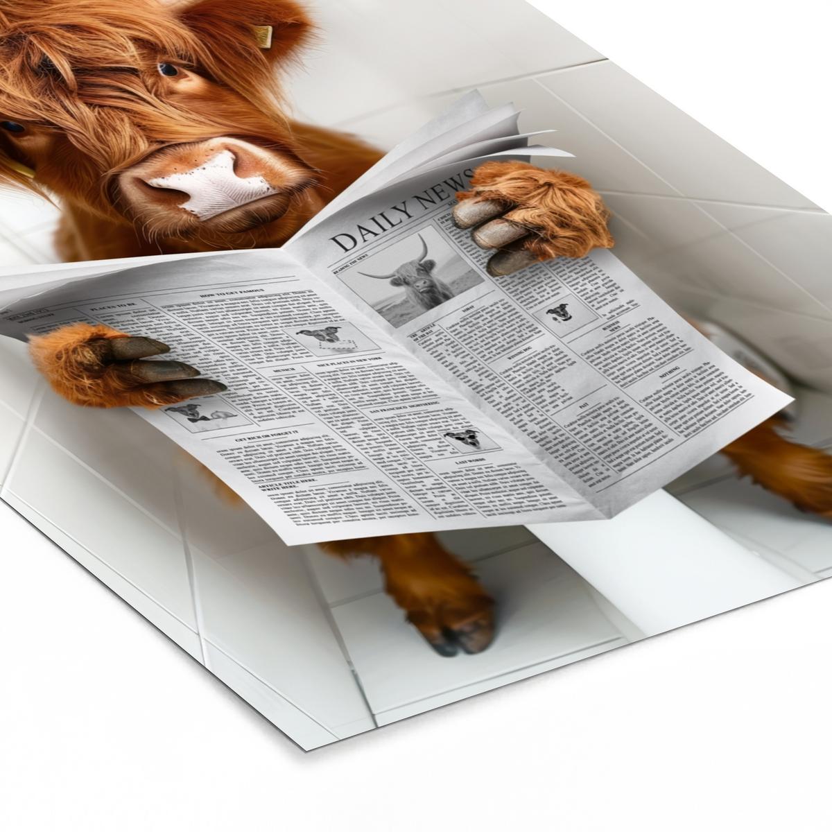 POSTER MIT RAHMEN Schottischer Highlander - Tier - Zeitung - Toilette Posterleiste 60x80 cm - Kastanienfarben, Papier (60/80cm) - MuchoWow