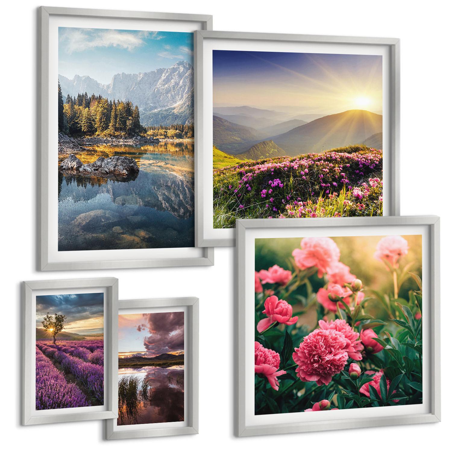 BILDER SET 5er Set - 50x50 cm & 20x30 cm & 40x60 cm Silberner Rahmen - Blumengarten, Bergwiese, Wasser - Silberfarben, Kunststoff (40/60cm) - TULUP